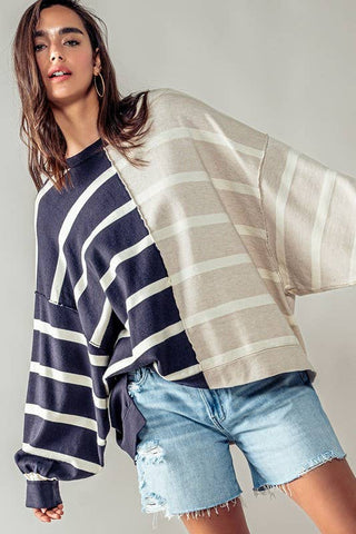 TWO TONE STRIPE PATTERN DROP SHOULDER SWEATSHIRT  : CHARCOAL/TAUPE