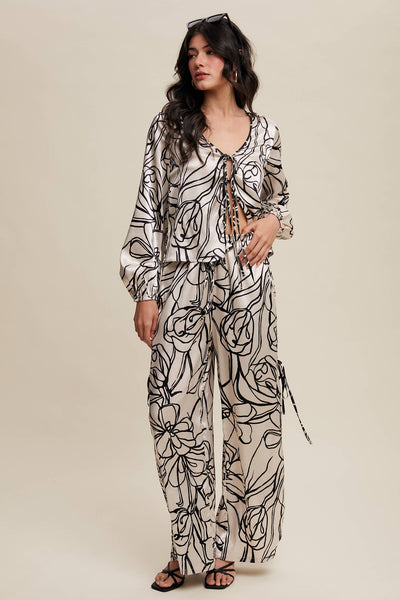 Bold Floral Print Satin Pants