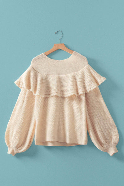 Ruffle Yoke Blouson Sleeve Knit Sweater: NATURAL