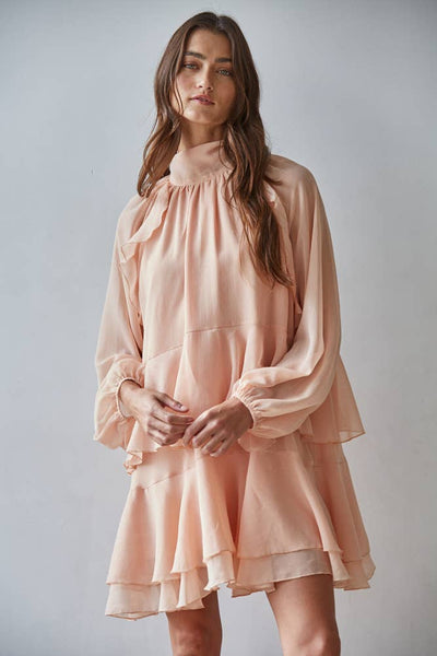 Woven Polyester Chiffon Ruffled Mock Neck Mini : Coral