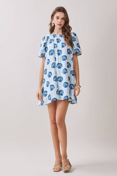 CD06808-Printed Relaxed Flowy Fit Puff Sleeves Dress: Blue / M