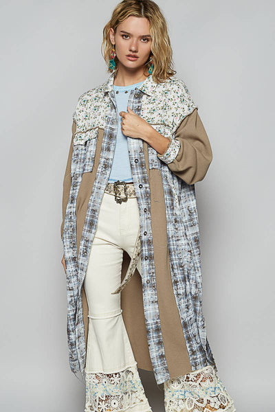 Balloon sleeve plaid floral contrast long placket jacket: OLIVE MULTI