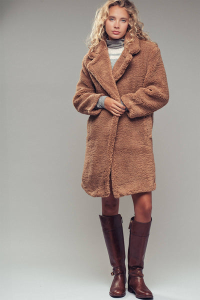 Cozy Longline Notched Lapel Teddy Coat: CAMEL