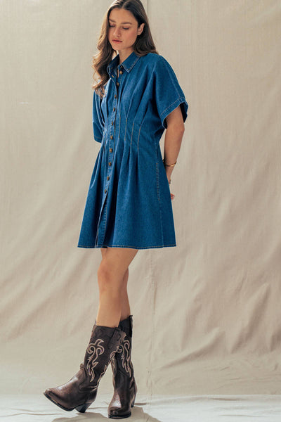 Tailored Waist Short Sleeve Denim Shirtdress: DENIM BLUE / S-M-L:2-2-2