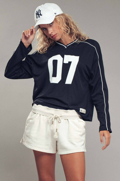 Varsity 07 Graphic V-Neck Jersey Top: Navy