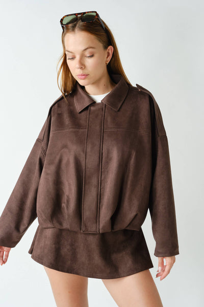 MOJAVE SUEDE-FINISH ZIP-FRONT JACKET: TRUFLE