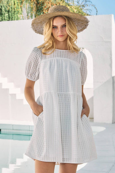 Jacquard Baby Doll Gridded Mini Dress: Off White