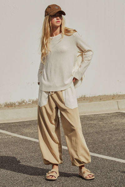 Oversized Waffle Knit High-Low Tunic Top: IVORY / S-M-L:2-2-2