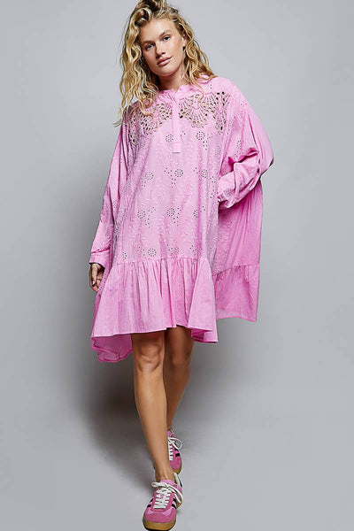 Half Button Embroidery Cotton Rommy Fit Dress: Pink