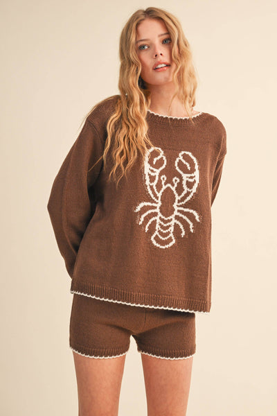 LOBSTER PRINTED KNIT TOP AND SHORTS SET: BROWN/CREAM