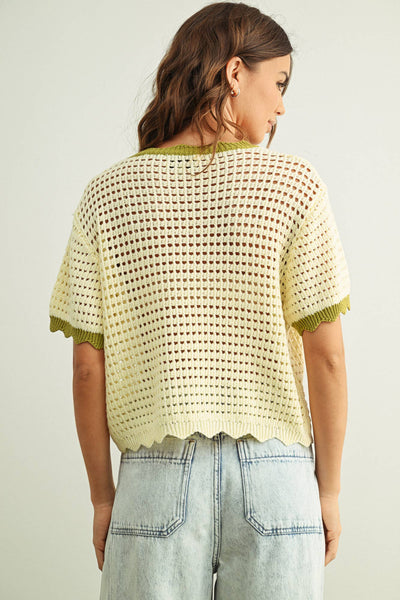 SCALLOPED DETAIL KNITTED TOP: CREAM/SAGE