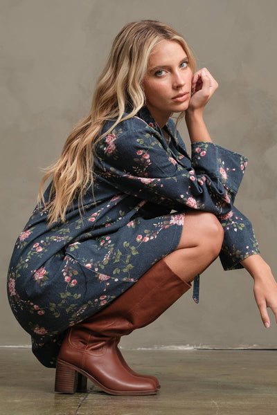 Floral Printed Denim Tunic Mini Dress - RD1201: BLOSSOM BLUE