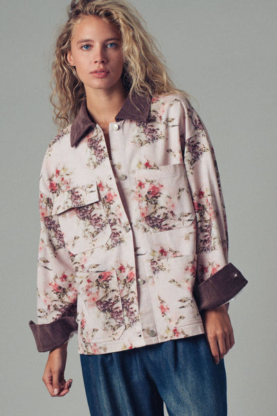 Watercolor Floral Oversized Cotton Utility Jacket: PINK/BROWN