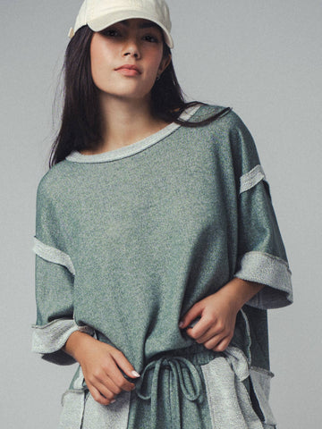 Garner Cozy Reverse Stitch Ribbed Sleeve Sweater: OLIVE