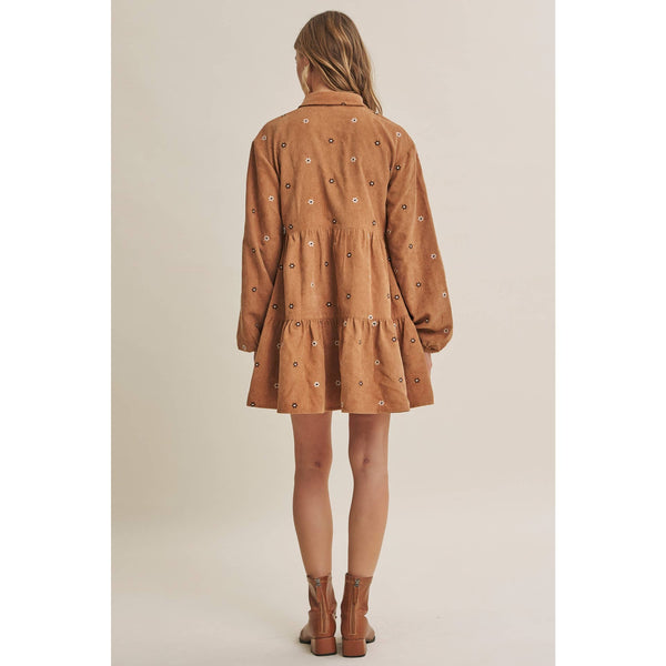 MEADOW MARKET ARTISAN DAISY EMBROIDERED CORDUROY MINI DRESS: OLIVE