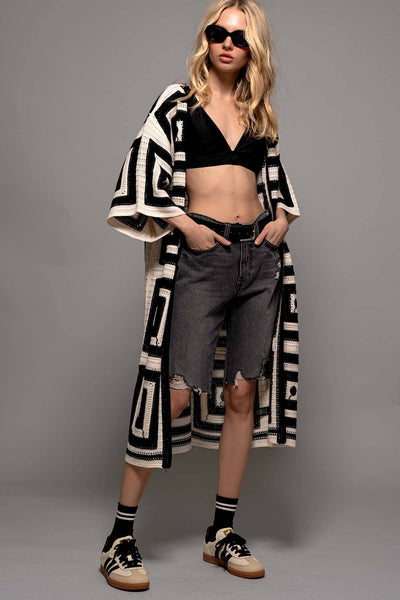 Geometric Crochet Midi Length Open Front Cardigan: BLACK