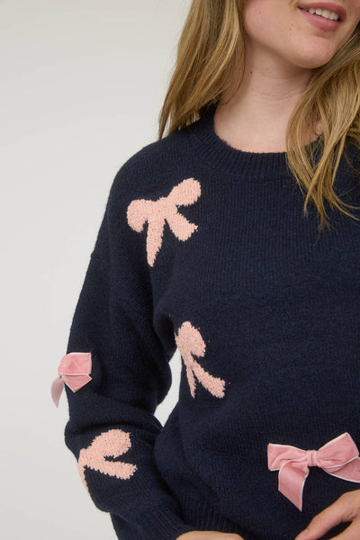 BOW PATTERN LONG SLEEVE KNIT SWEATER: NAVY