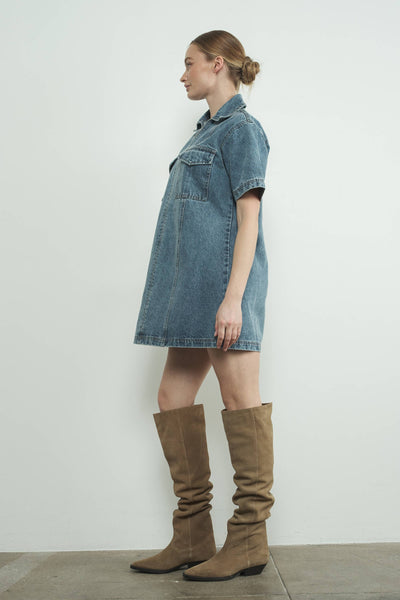 DENIM PULL ON COLLAR MINI DRESS: MEDIUM WASH