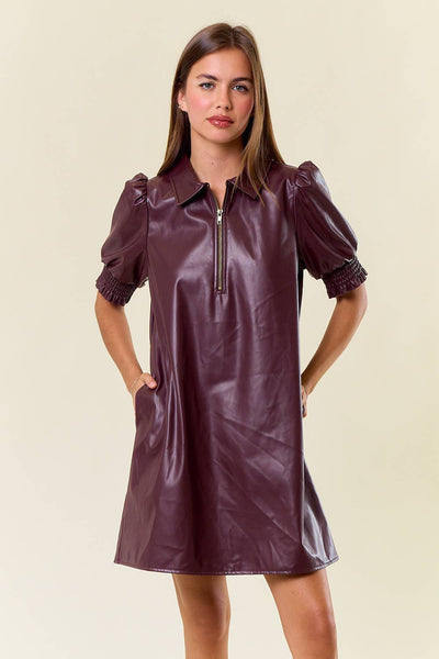 Faux Leather Mini Dress W/Side Pocket