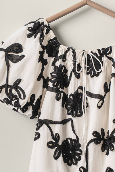 Floral Embroidery Off-Shoulder Puff Sleeve Mini Dres: IVORY / S-2/M-2/L-2