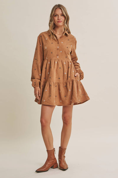 MEADOW MARKET ARTISAN DAISY EMBROIDERED CORDUROY MINI DRESS: OLIVE