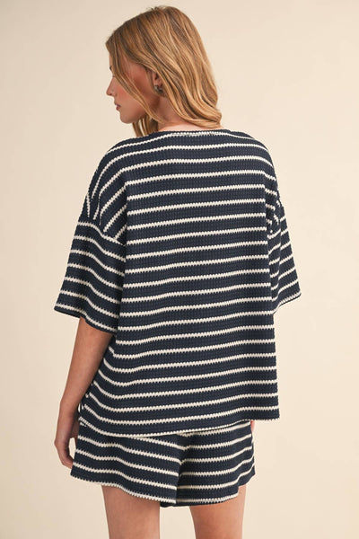STRIPED OVERSIZE SHORT SLEEVE BUTTON DOWN TOP AND SH: NAVY/OFF WHITE