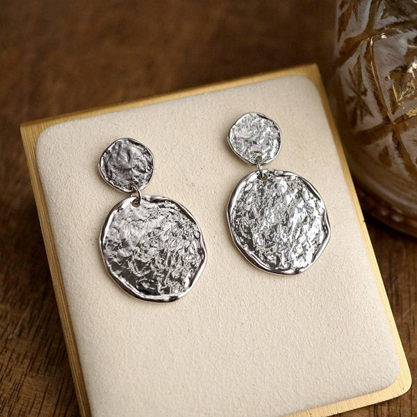 Golden Muse – Two Disc Textured Earrings: Silver Tone