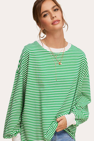 Oversized Striped Long Sleeve Pullover Top: Apple Green