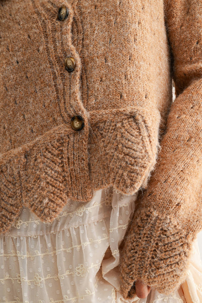TEXTURED WOOL-BLEND CARDIGAN WITH SCALLOPED HEM: 2TONE MOCHA