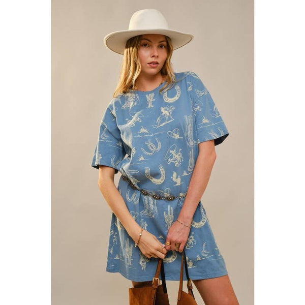 Western Printed Short Sleeve Shirts Dress: MEDIUM BLUE