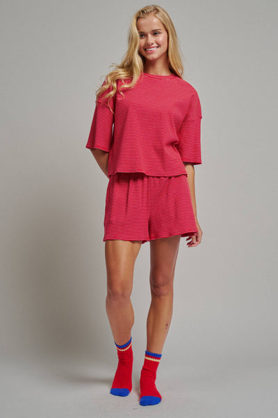 Striped Knit Two-Piece Lounge Set Boxy Tee: RED WHITE / S-M-L:2-2-2