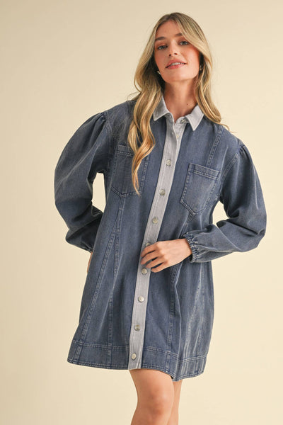 WASHED DENIM BUTTON DOWN FLARED MINI DRESS MDR3385: Indigo