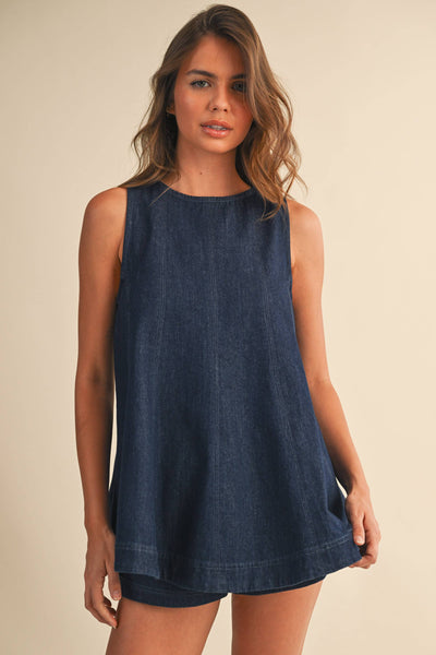 IST6095 DENIM LONGLINE SLEEVELESS TOP AND SHORTS SET: LT DENIM / L