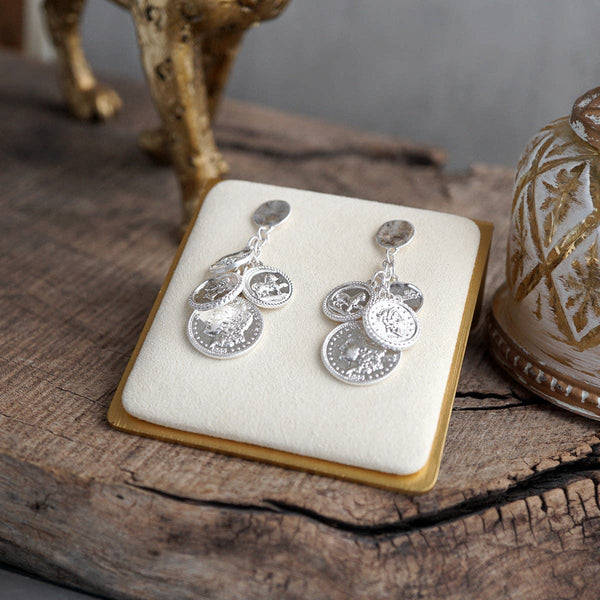 Starlit Relics – Coin Chandelier Statement Earrings: Worn Silver Tone