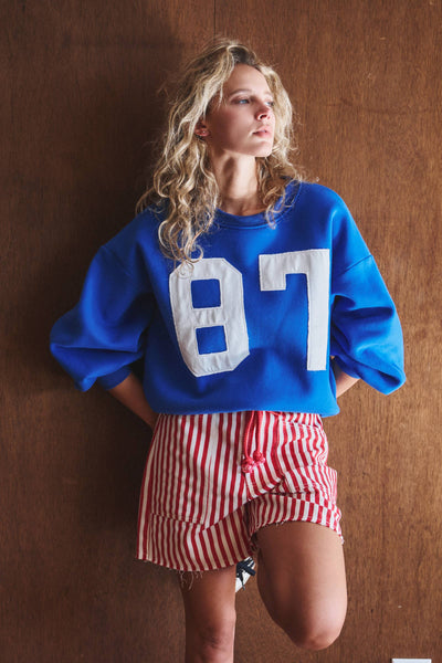 "87" Graphic Balloon Sleeve Oversized Sweatshirt: Blue