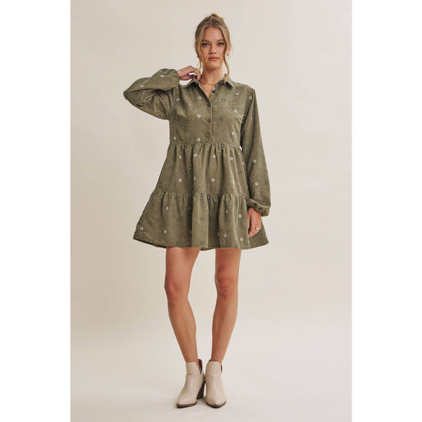 MEADOW MARKET ARTISAN DAISY EMBROIDERED CORDUROY MINI DRESS: OLIVE