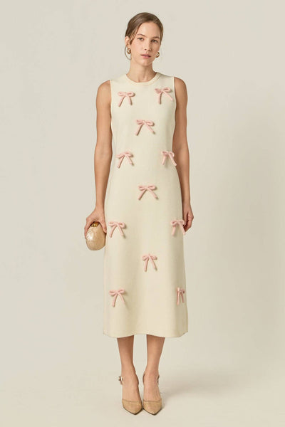 Lila Bow Midi Dress: CREAM/PINK