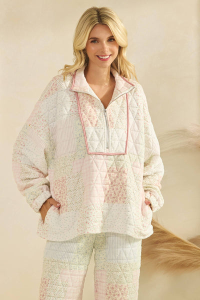 Floral textured quarter zip: Pastel combo