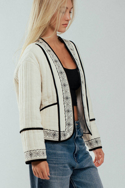 Boho Embroidered Quilted Western Cropped Jacket: BLACK IVORY / S-2/M-2/L-2