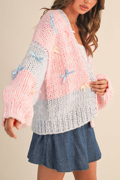 COLORBLOCK RIBBON DETAILED CHUNKY CARDIGAN: Pink