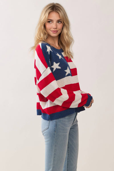 CW2647-American Flag Pattern Knit Pullover Sweater: Red / L