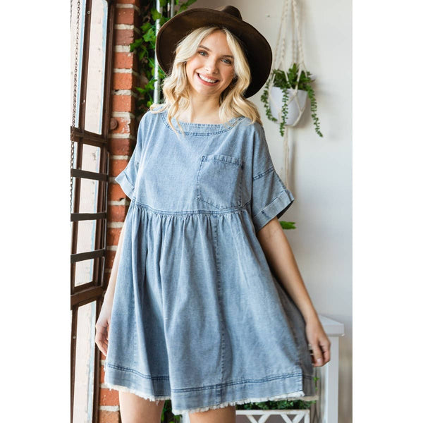 Oversize Pleated Denim Short Dress