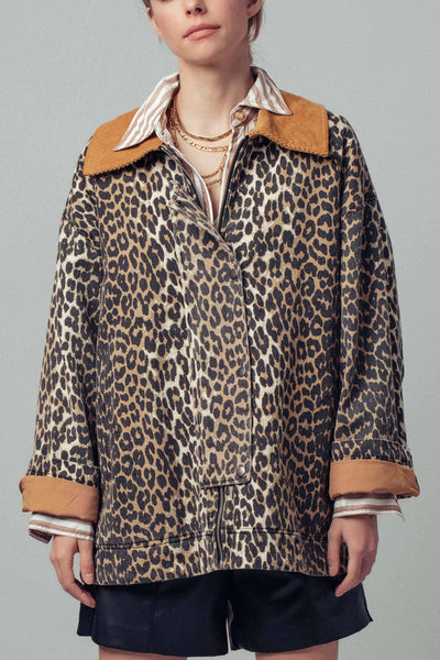 Corduroy Collar Leopard Print Jacket: LEOPARD