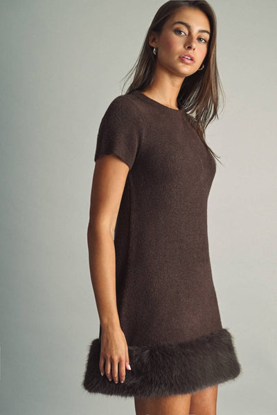 COZY FAUX-FUR TRIMMED  MINI DRESS: BROWN