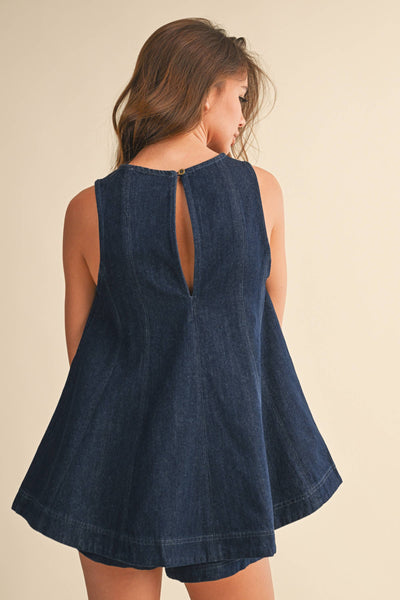 IST6095 DENIM LONGLINE SLEEVELESS TOP AND SHORTS SET: LT DENIM / M