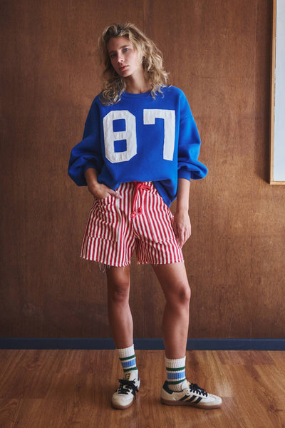 "87" Graphic Balloon Sleeve Oversized Sweatshirt: Blue