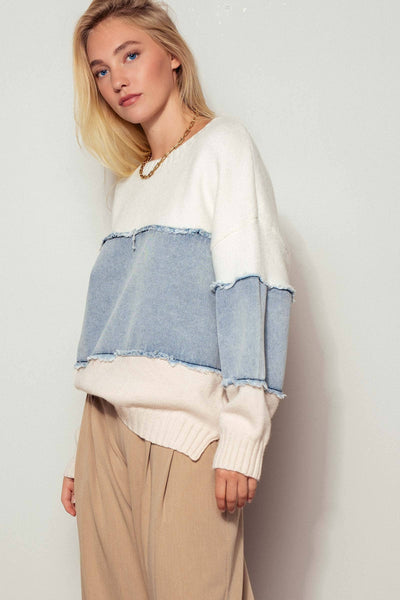 Colorblock Denim Patchwork Casual Top: Ivory