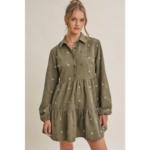 MEADOW MARKET ARTISAN DAISY EMBROIDERED CORDUROY MINI DRESS: OLIVE