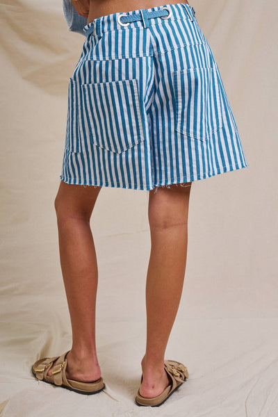 Striped High-Rise Denim Shorts: RED