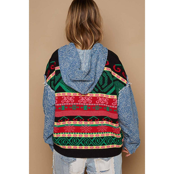 Embroidered patchwork denim sleeve sweater by pol